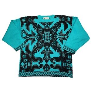 Vintage Organically Grown Sweater Small Teal Black Geometric 80s 90s